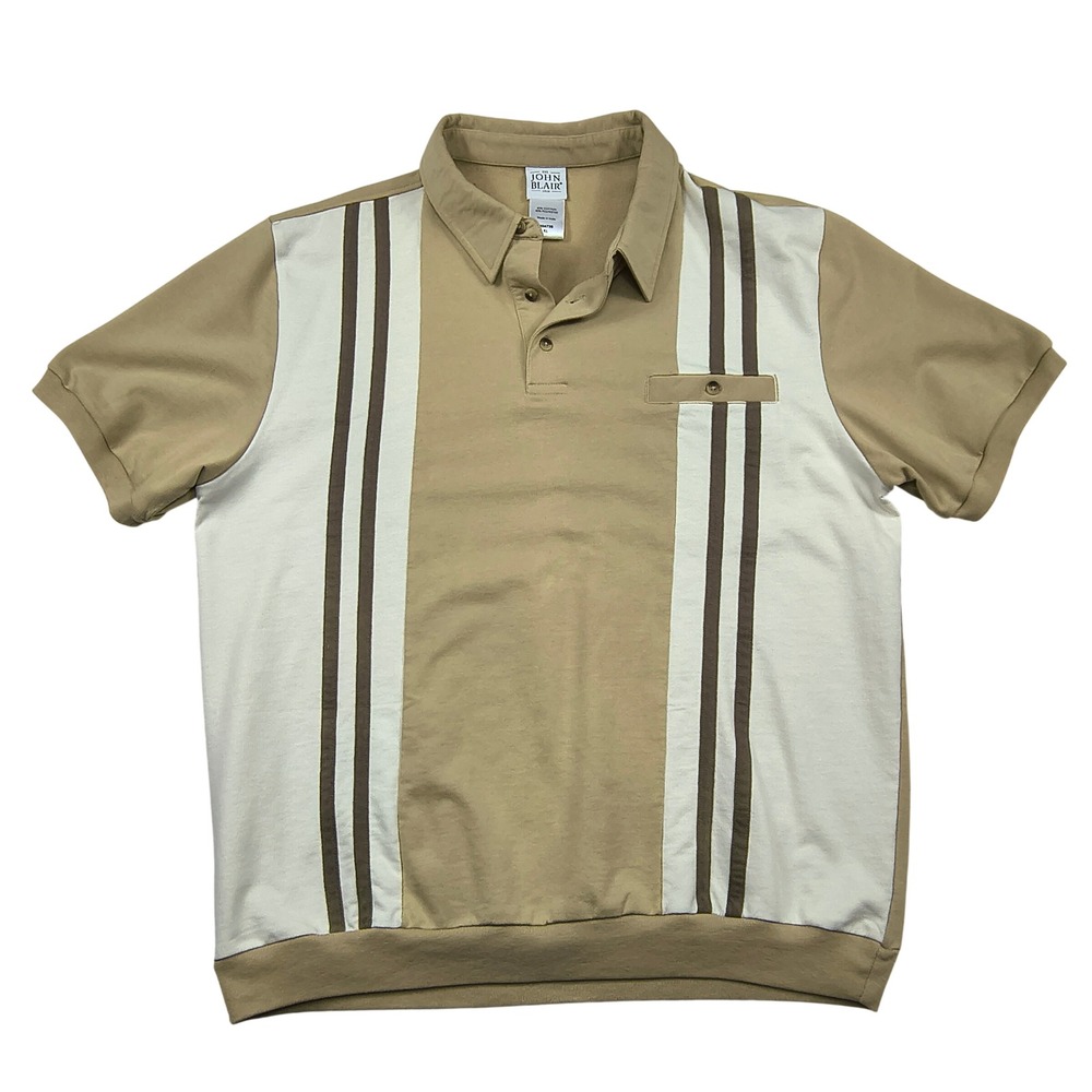 John Blair Mens XL Tan White Striped Polo Shirt Short Sleeve Retro B04735